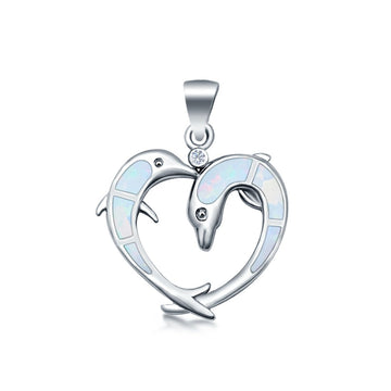 Dolphin Hearts Lab Created White Opal Charm Pendant 925 Sterling Silver